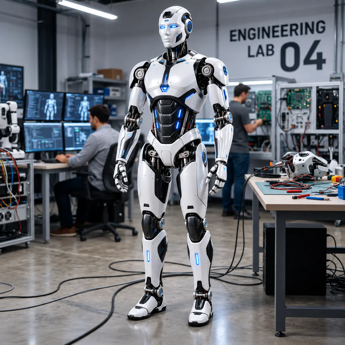 Full-size humanoid robot in a lab